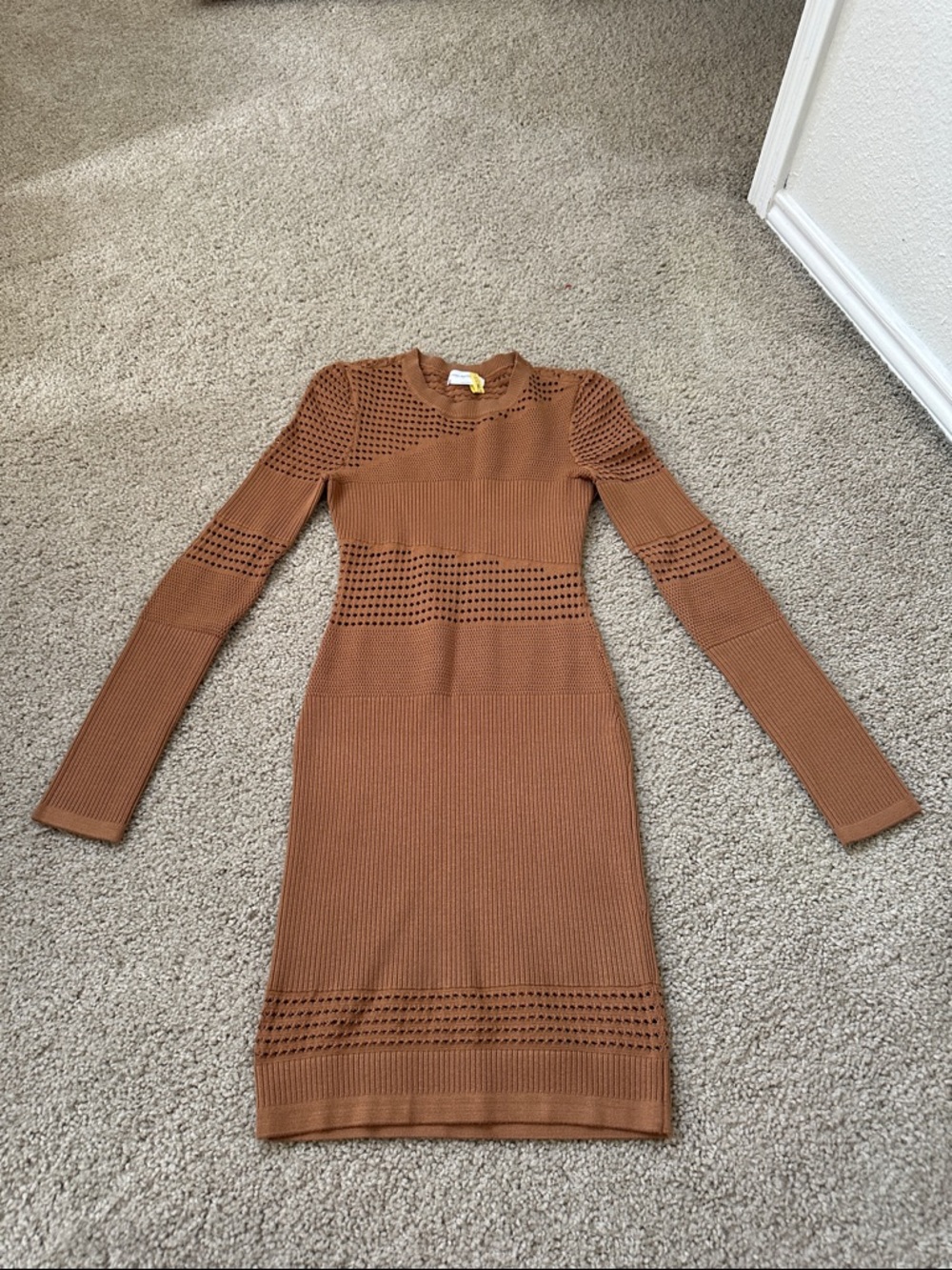 Lovers + Friends Ribbed Open-Knit Long Sleeve Midi Dress in Camel